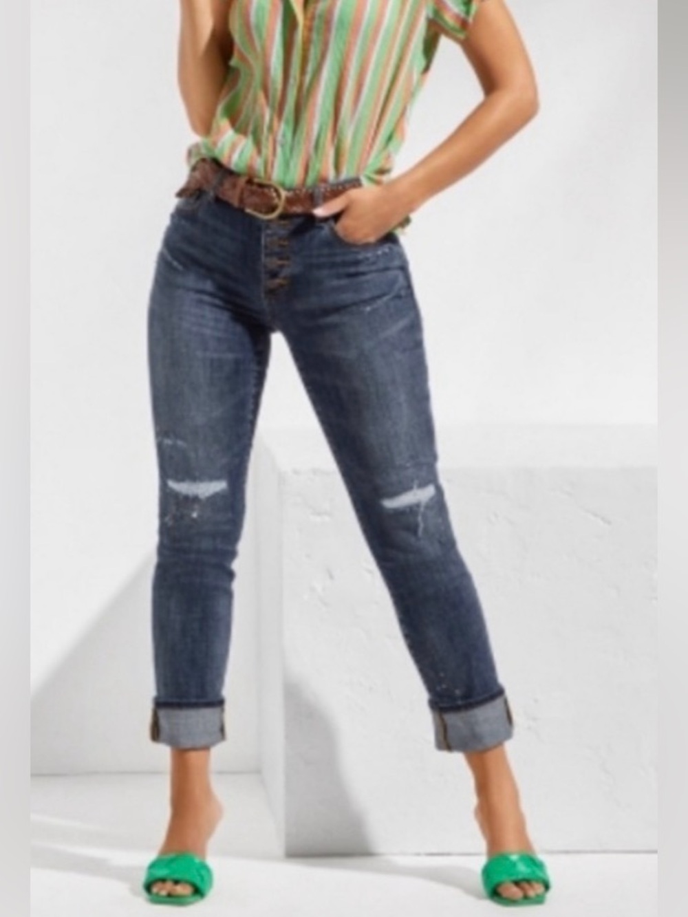 CAbi Button-Fly Straight Leg Rework Pants with Distressed Details